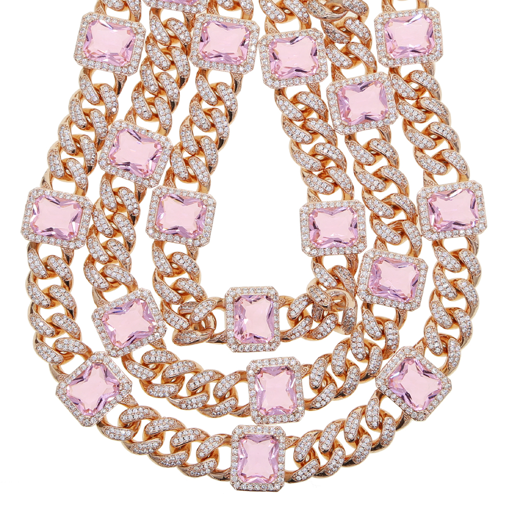 New Iced Out Hip Hop ice Dainty Miami Cuban Crystal Necklace Filled Green Blue Red Pink Baguette Cubic Zirconia