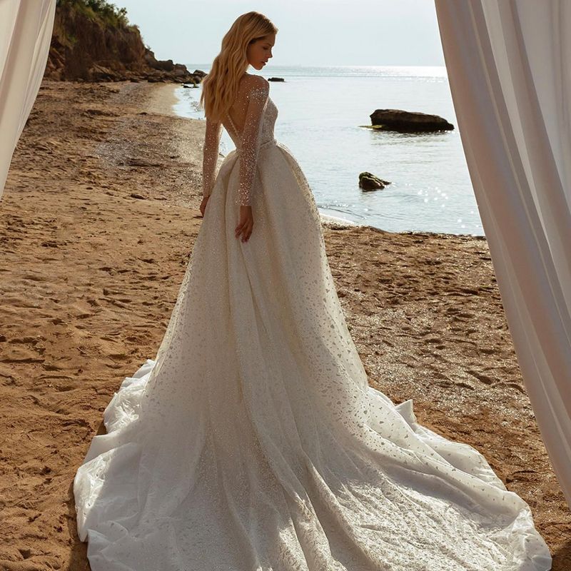 Detachable Shiny Sequins Ball Gown Wedding Dresses Strapless Lace Sequins Beaded Long Sleeves Button Sweep Train Vintage Robes De Soiree