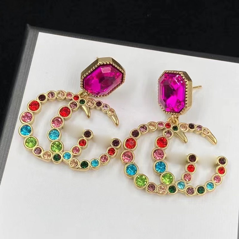 Luxury Letters Designer Brand Stud Earrings Retro Vintage Copper Colorful Crystal Stone Ear Rings Jewelry for Women Party with Gift Box Packing