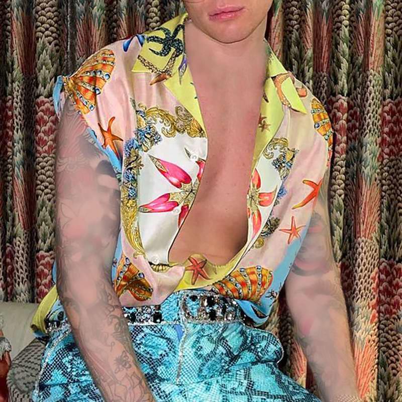 Men Hawaiian Shirts Printing Summer Lapel Sleeveless Vacation Casual Camisa Loose Breathable Streetwear Shirt 5XL