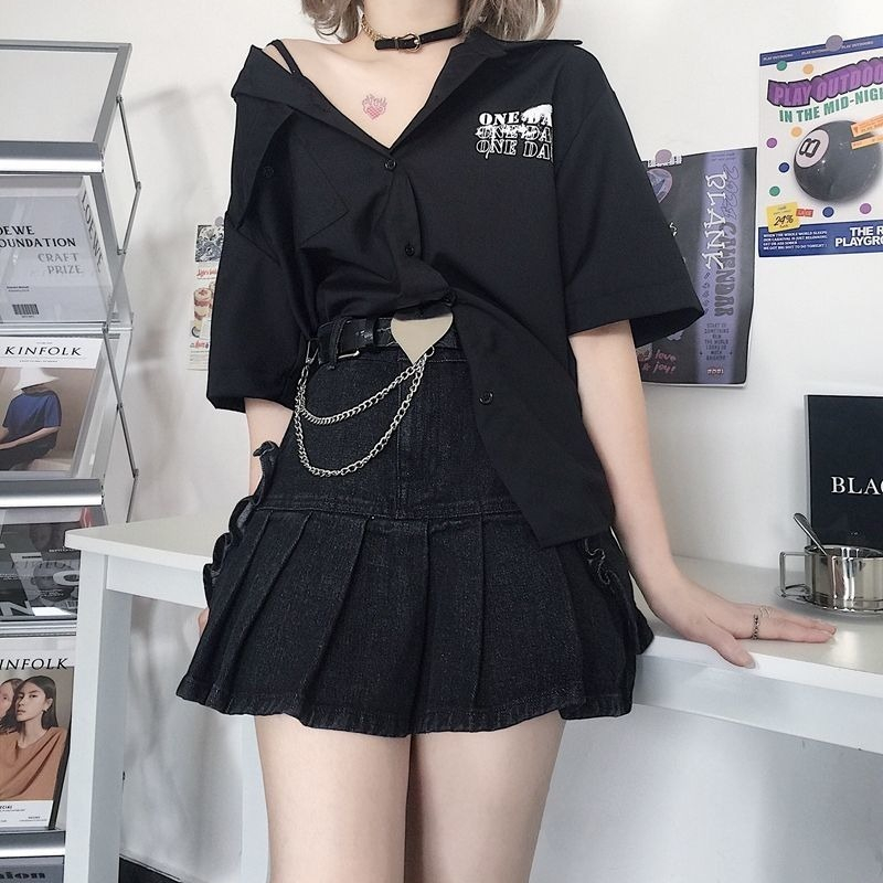 HOUZHOU Pastel Goth Black Denim Skirt Women Harajuku Gothic High Waist Bow Pocket Kawaii Pleated Mini Skirts E Girl Streetwear 220317
