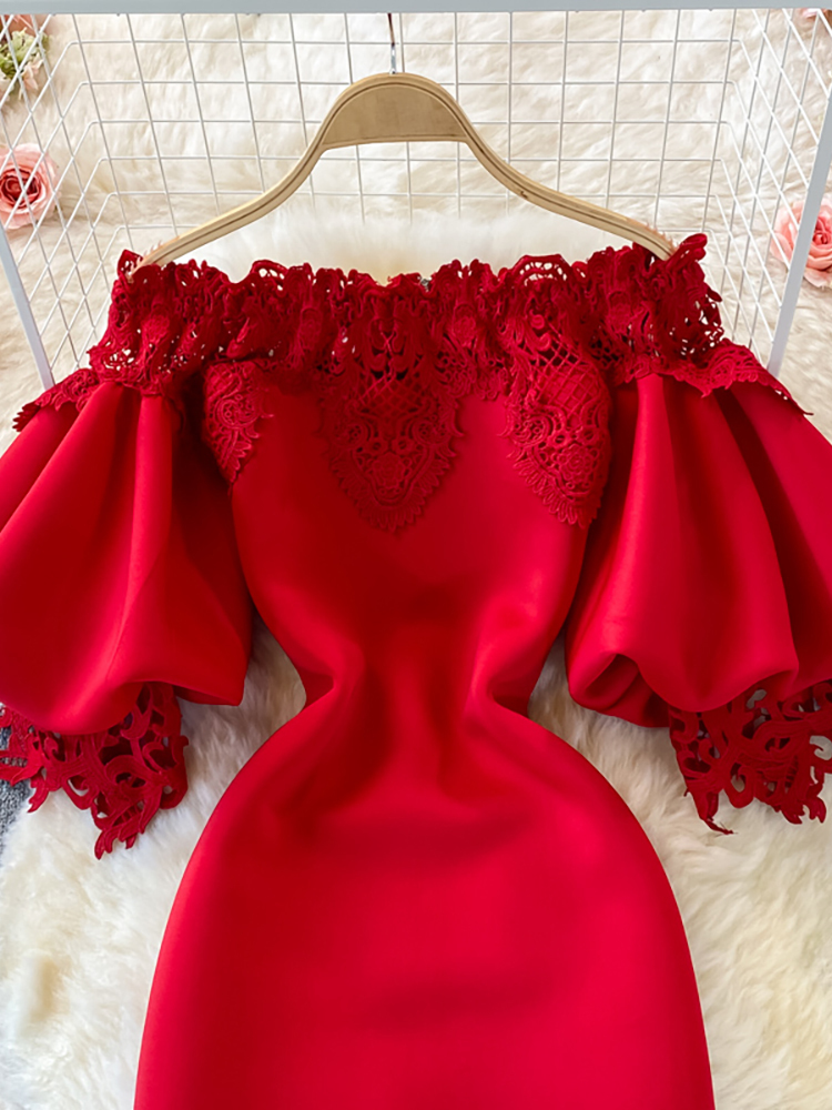 Sexy Hollow Out Lace Bodycon Long Dress Women Elegant Red/Pink/White Off Shoulder Patchwork Maxi Party Vestidos Autumn 220406