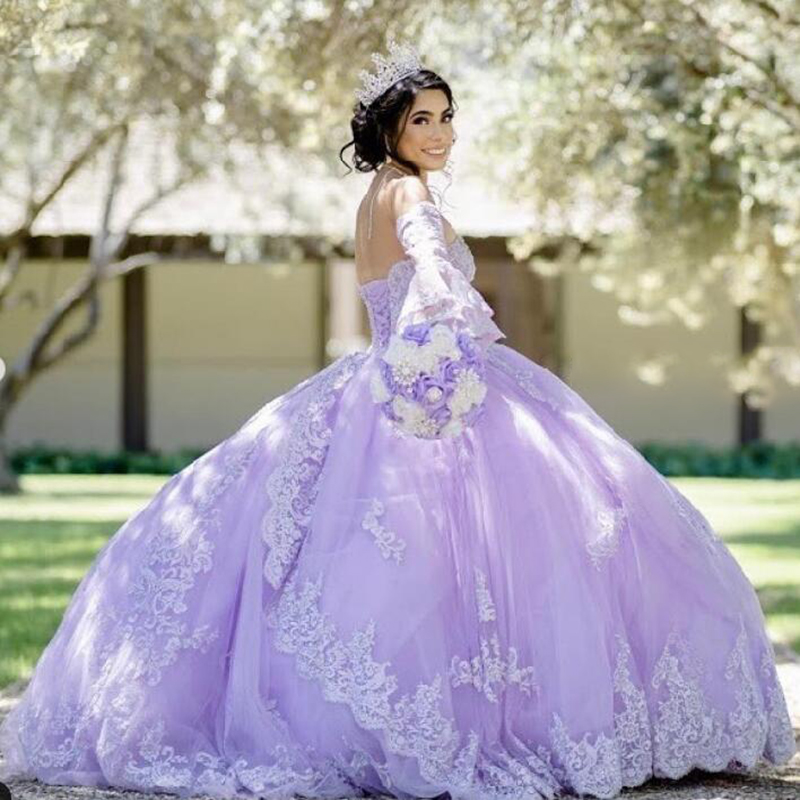 Vintage Lilac Ball Gown Quinceanera Dresses Vestidos De 15 Anos Sweetheart Remove Sleeve Lace Corset Formal Prom Birthday Party Wear Sweet 16 Dress Ro