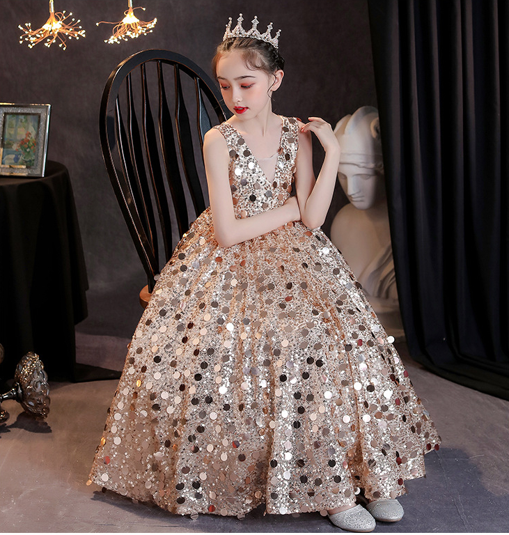 2023 Gold Crystal Flower Girls Dress Pageant Dresses Ball Gown Beaded blingbling Toddler Infant Clothes Little Kids princess Birthday Gowns