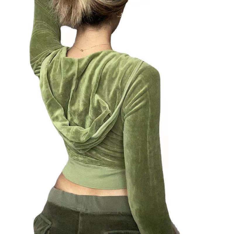 Velvet Jacket Hoodie Sweatshirts Harajuku Pockets Zip Up Crop Y2k Aesthetic Grunge Moletom Slim Autumn Clothes 220324