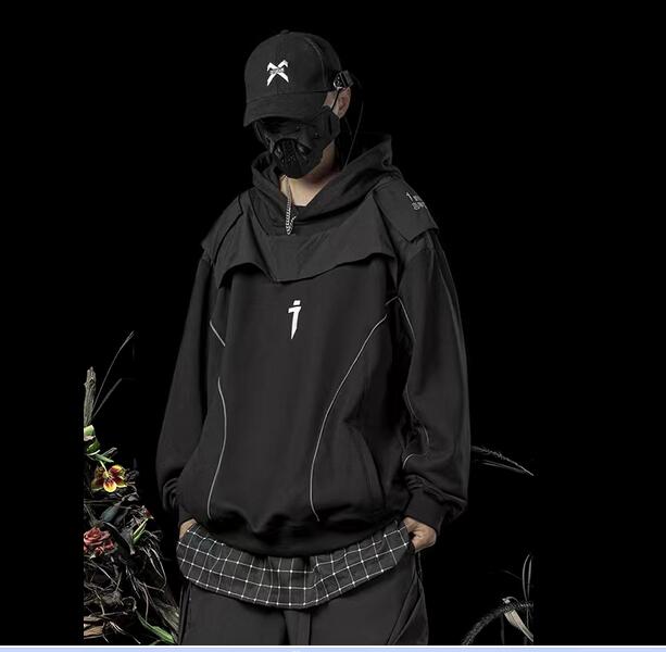 Spring and autumn function wind fake two cape hoodie men loose casual reflective strip jumper jacket coat, Black
Spring and autumn function wind fake two cape hoodie men loose casual reflective strip jumper jacket coat, Black