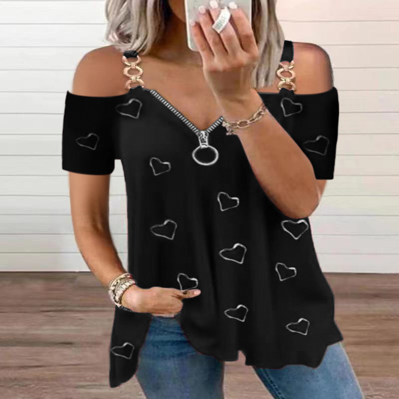 Summer Women Tops Tees Femme Off Shoulder T Shirts Zipper Casual Love Ruffles Short Sleeve Loose Sexy Boho Shirt 220530