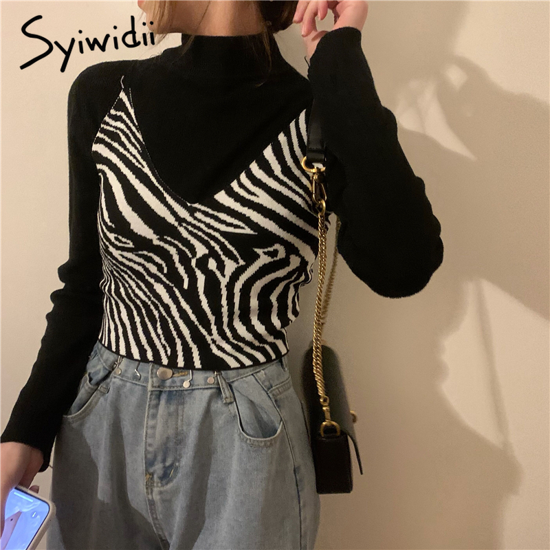 Syiwidii Zebra Pattern Crop Top for Women Knitted Striped Short Tank s Cute Girls Summer Korean Black Clothing 220316