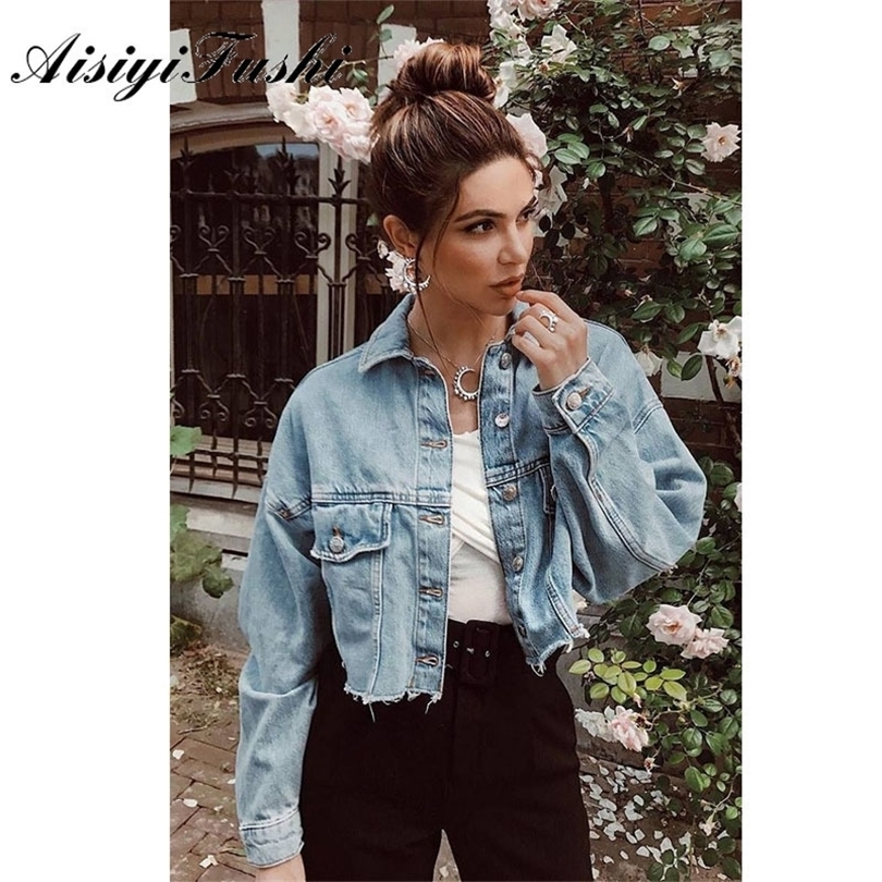 AISIYIFUSHI Boyfriend Style Cropped Jean Jacket Women Summer Blue Denim Jacket Longsleeved Womens Jackets Coats for Spring T200113
