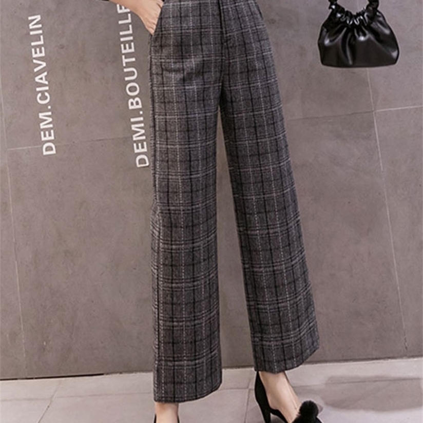 Autumn Winter Woolen Plaid Pant Elastic High Waist Ankle-length Pant Plus Size Harajuku Wide Leg Trousers Goth 220325