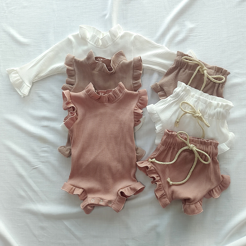 2Pcs Infant Baby Girl Clothes Set Waffle Cotton Ruffle born Vest Romper Tops Bloomer Shorts Suit Baby Summer Outfits Clothing 220509