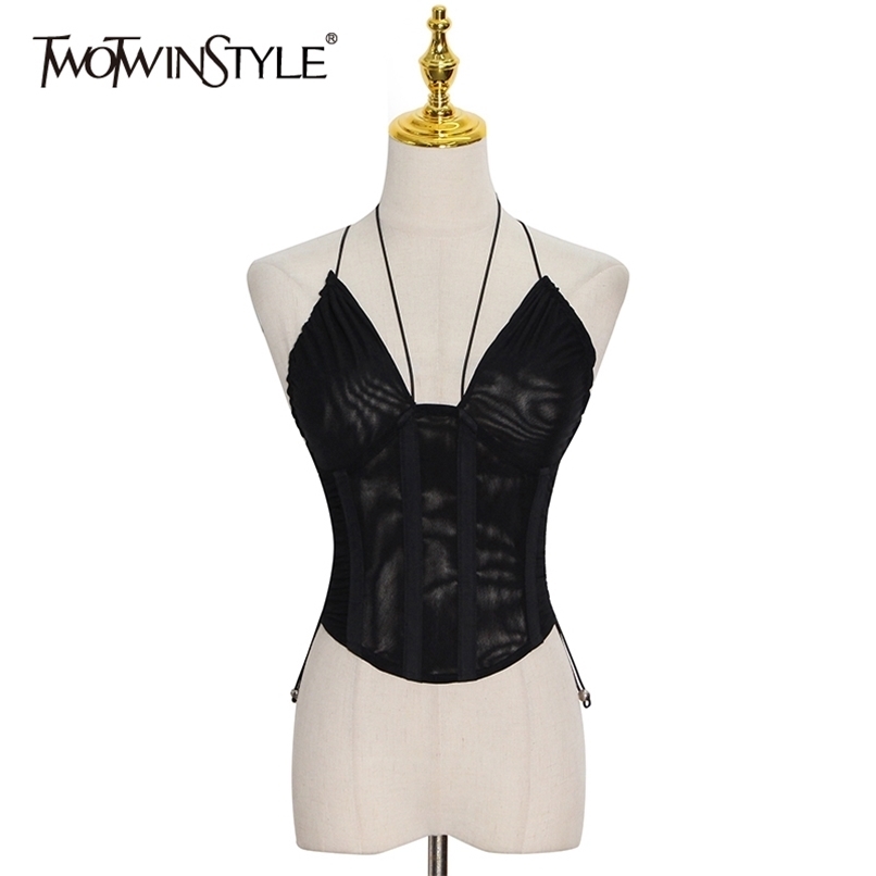 TWOTWINSTYLE Sexy Vest Tops For Women Halter Sleeveless Backless Short Camis Vests Female Summer Fashion Clothing 220316