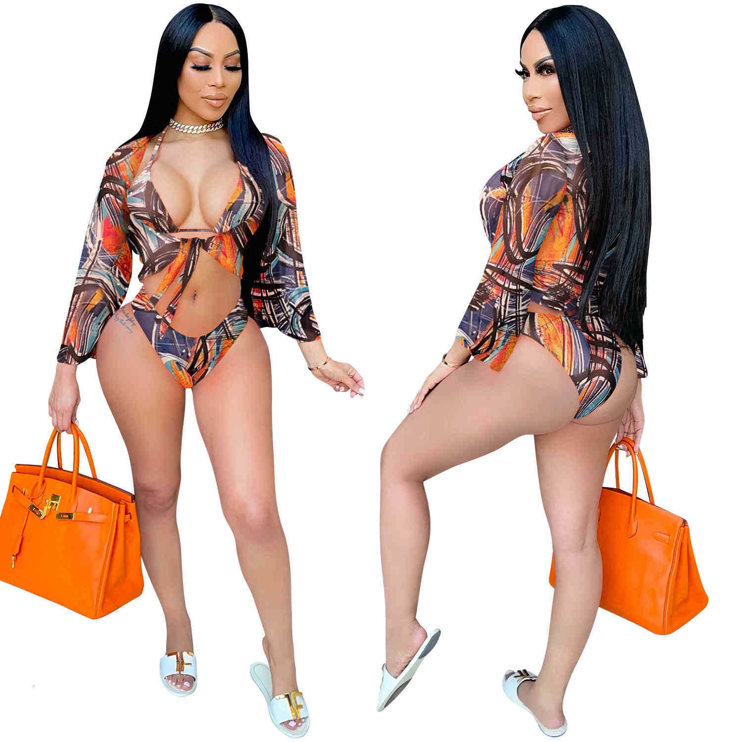 Women Tracksuits 2023 Women Swimsuit V-neck Sexy Bikini Mesh Leopard Point Sling Three Piece Set Fashion Long Sleeve Shawl Bra Beach Suit