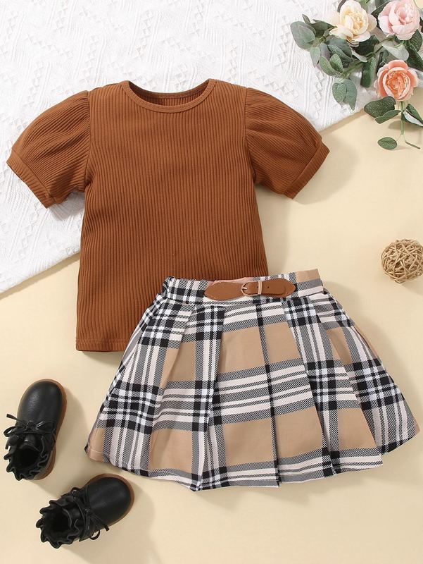 Toddler Girls Puff Sleeve Tee & Plaid Buckled Pleated Skirt SHE