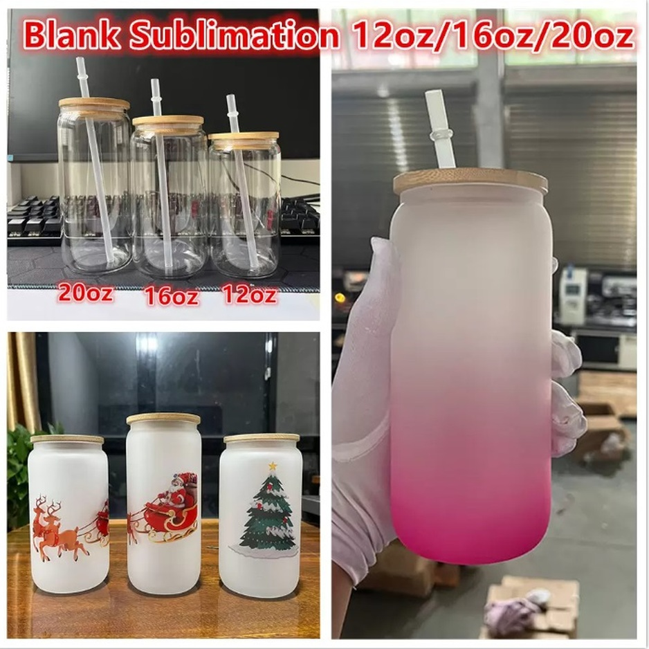 

Colorful 12oz 16oz 20oz Sublimation Glass Cup Beer Mugs Water Bottle Beer Can Tumbler Drinking Glasses With Bamboo Lid And Reusable Straw Iced Coffee sxmy1, Mixed clear and froested