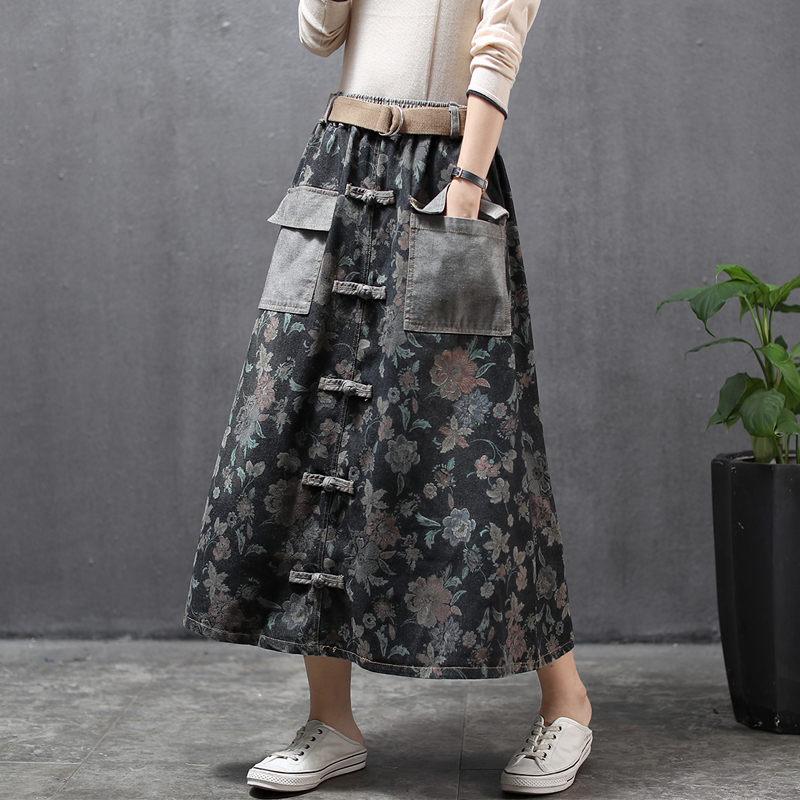 Skirts Retro Literary Elastic Waist Denim Skirt Belt Ethnic Style Buckle Long Section A-line With Pockets Mujer Faldas Print K141Skirts, Dark blue
Skirts Retro Literary Elastic Waist Denim Skirt Belt Ethnic Style Buckle Long Section A-line With Pockets Mujer Faldas Print K141Skirts, Dark blue