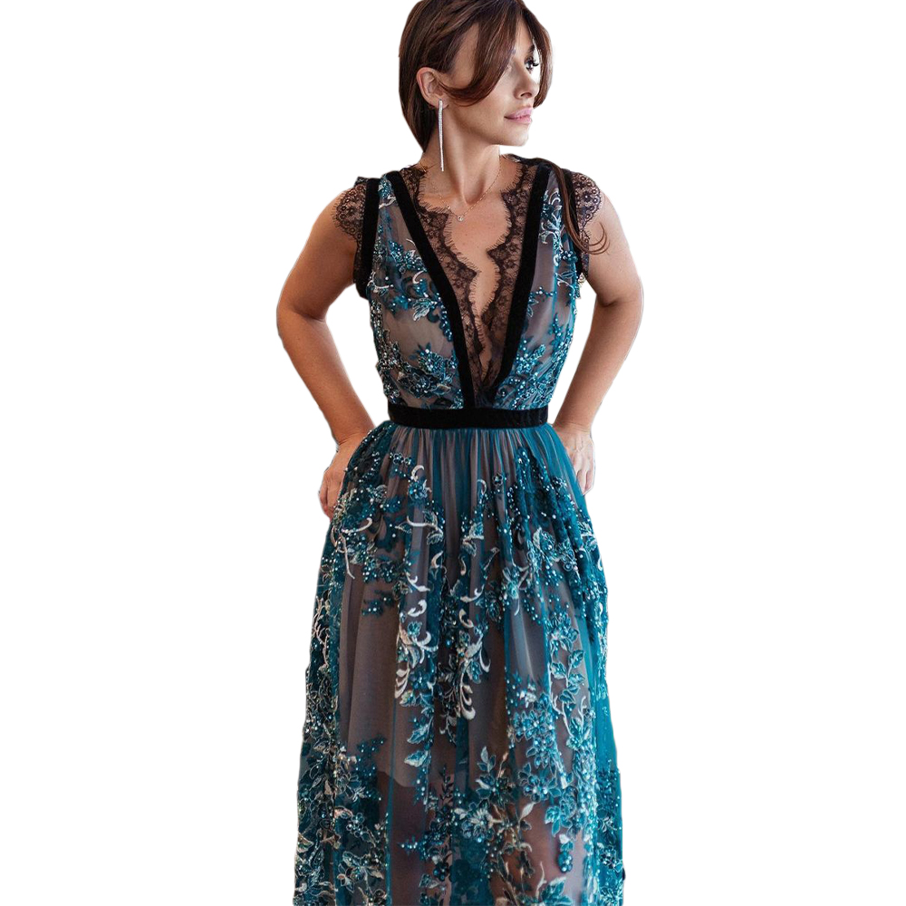 Hunter Elegant Evening Dresses Applique Lace Custom Made Sleeveless Perspective V-Neck Party Prom Dress Robe de mariée