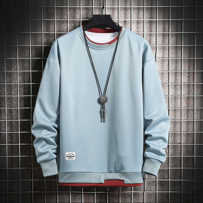 Men's Hoodies & Sweatshirts 2022 Spring and Autumn Long Sleeve O-neck T-shirt False Two Solid Color Round Collar Casual Top Male Pullover