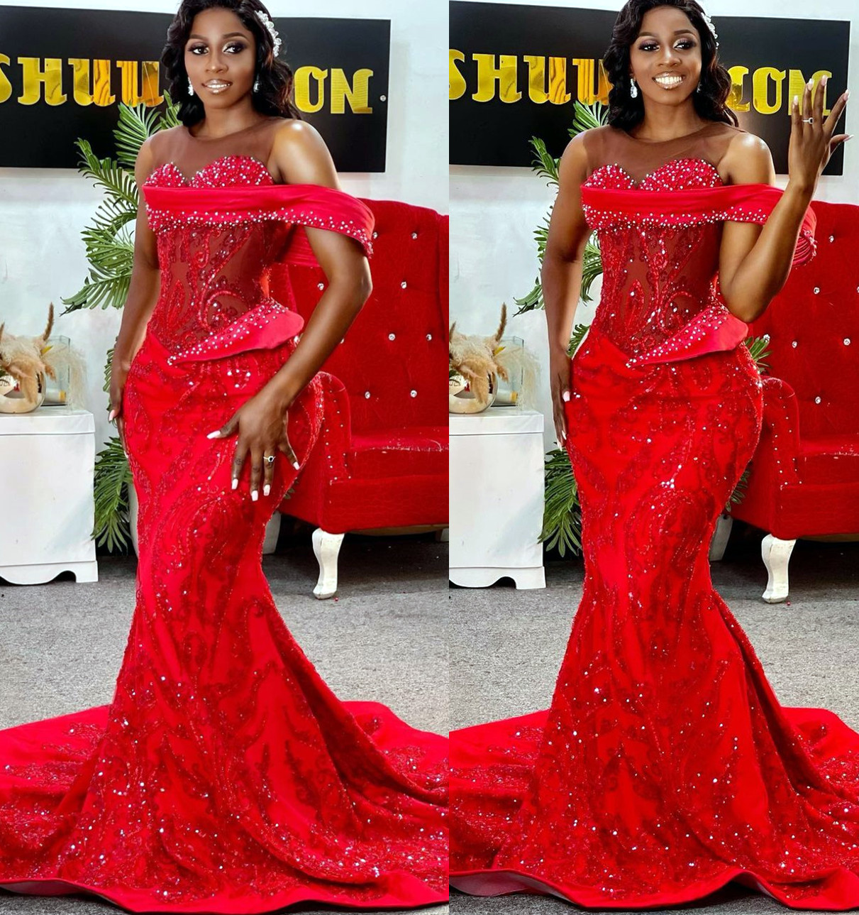 2022 Plus Size Arabic Aso Ebi Red Luxurious Mermaid Prom Dresses Beaded Sheer Neck Evening Formal Party Second Reception Birthday Engagement Gowns Dre