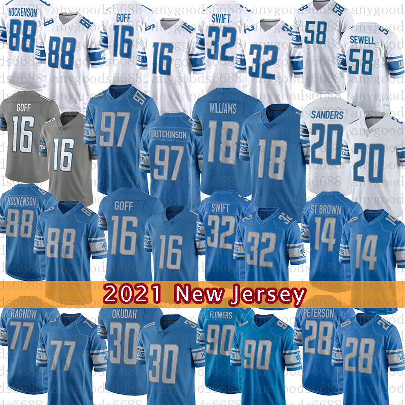 

32 D'Andre Swift Amon-Ra St. Brown Football Jersey 97 Aidan Hutchinson Jameson Williams T.J. Hockenson Jared Goff Penei Sewell Frank Ragnow Barry Sanders D.J. Chark Jack Fox, Mens-xiongshi