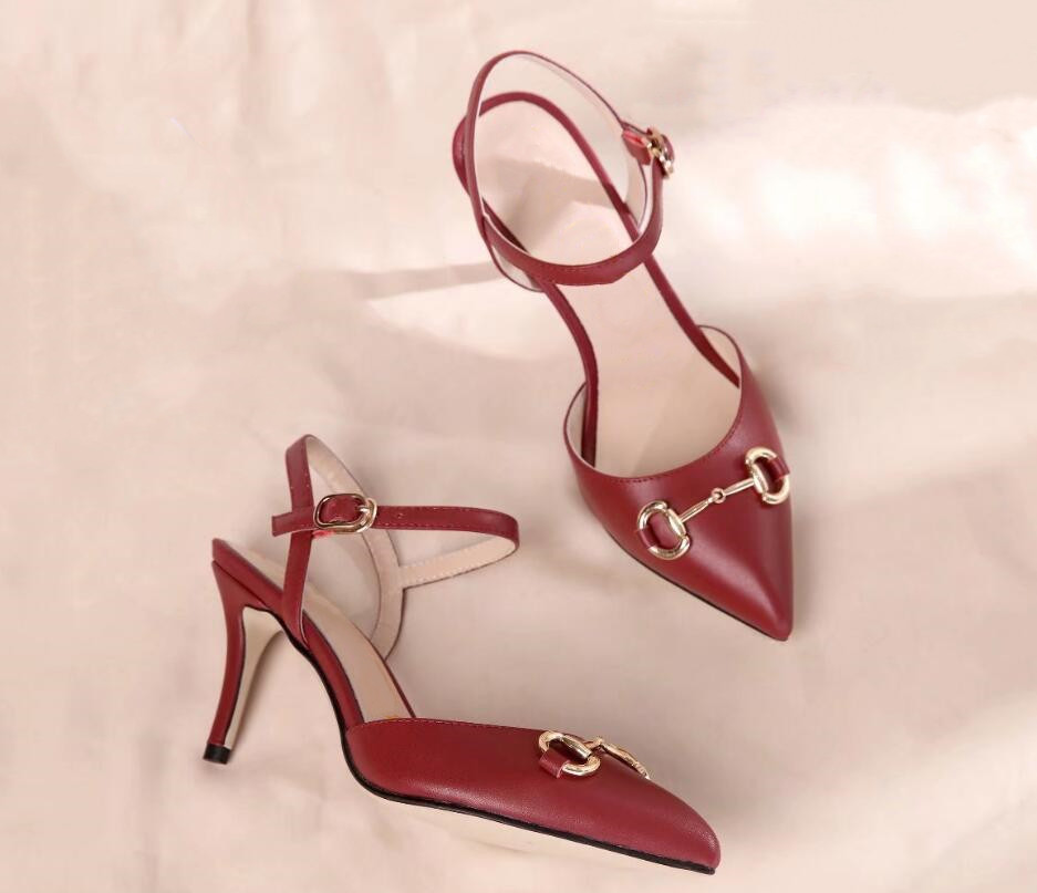 Classic Ladies Sandals Stiletto Heel Pointed Toe Ankle Strap Combination Buckle Front Strap Metal Chain Decorative Dress Casual Banquet Size 35-42