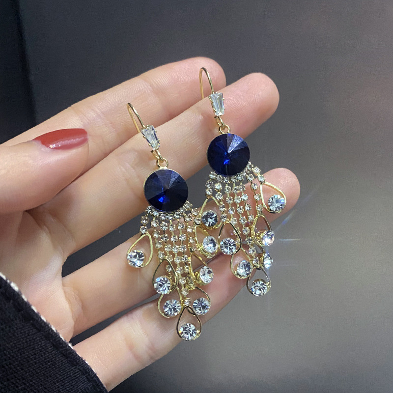DLZ blue crystal fashion stud earrings charm long dangle tassel ear rings for women