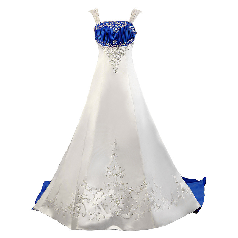 Vintage White and Navy Blue Wedding Dresses Retro Stain Beaded Embrodiery Gothic Two Tone Country Bridal Gown Vestido de noiva
