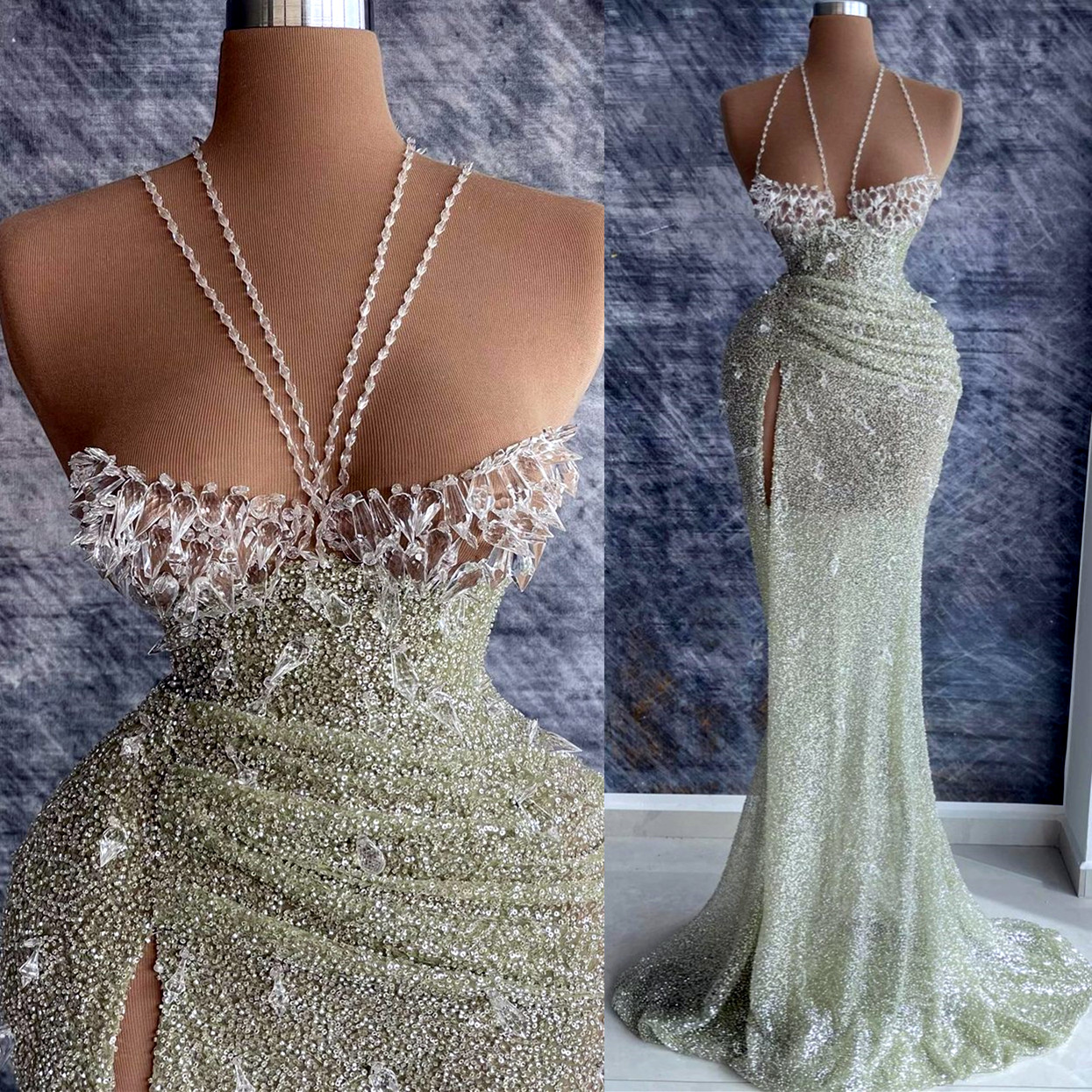 Plus Size Arabic Aso Ebi Silver Mermaid Luxurious Prom Dresses Crystals Sexy Evening Formal Party Second Reception Birthday Engagement Gowns Dress ZJ4
