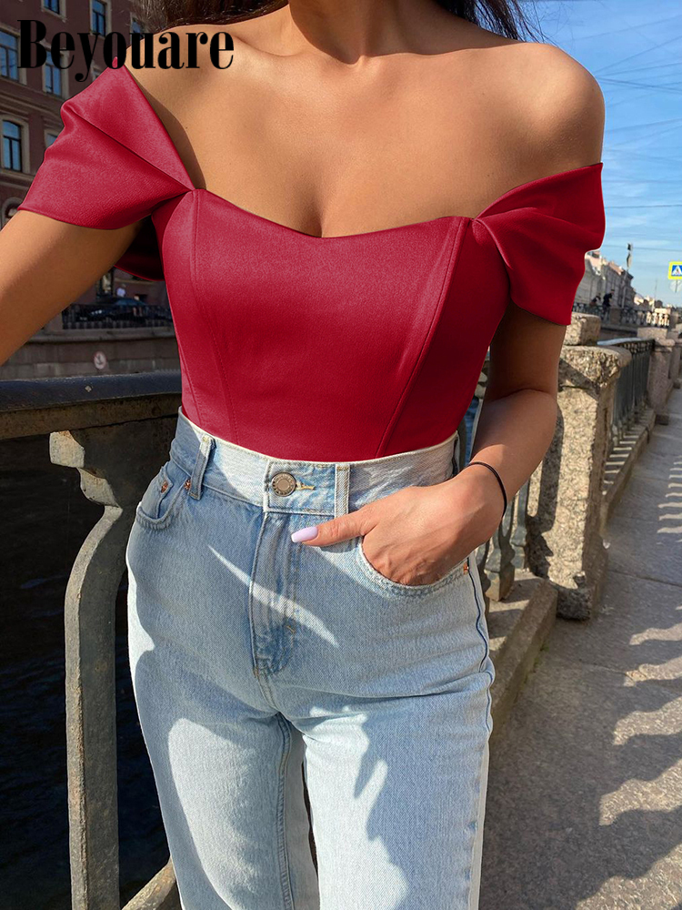 Beyouare Satin Off Shoulder Corset Tube Crop Tops Women Backless Asymmetrical Slim Elegant Fashion Solid Black Tank Summer 220316