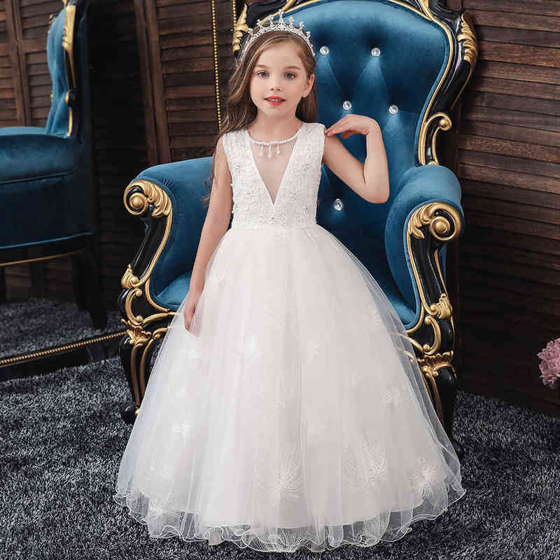 Child Western Style White Long Girl Wedding Dress For Kids Embroidered V-Neck Dresses For Girls Of 10 Year Old Y220510