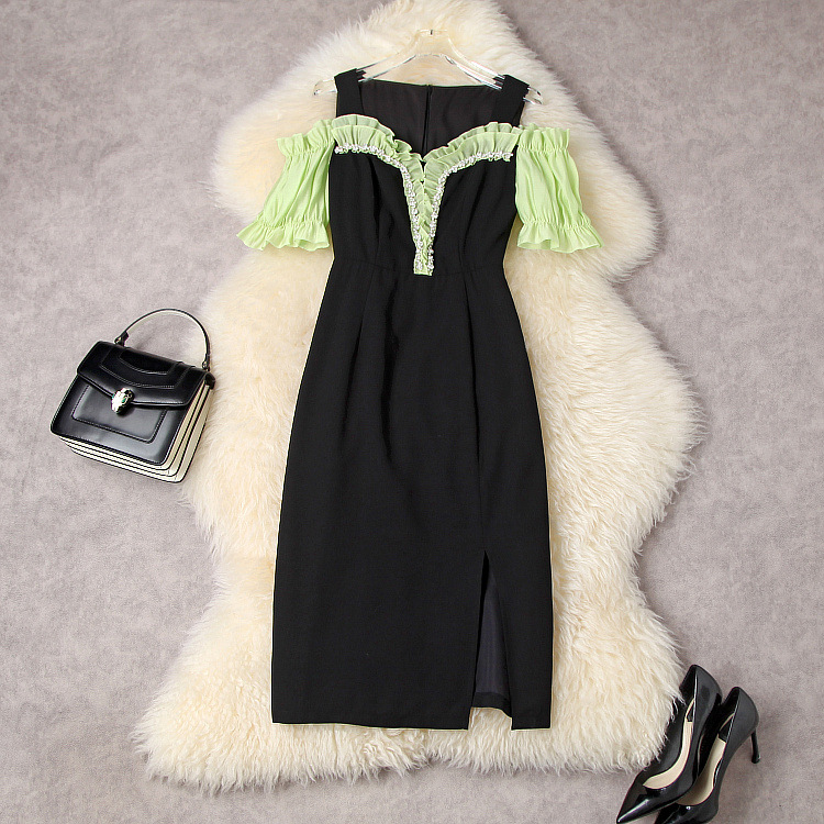 2022 Summer Off Shoulder Rhinestone Mid-Calf Dress Round Neck Black Contrast Color Panelled Beaded Elegant Casual Dresses 22Q157011, Green
2022 Summer Off Shoulder Rhinestone Mid-Calf Dress Round Neck Black Contrast Color Panelled Beaded Elegant Casual Dresses 22Q157011, Green