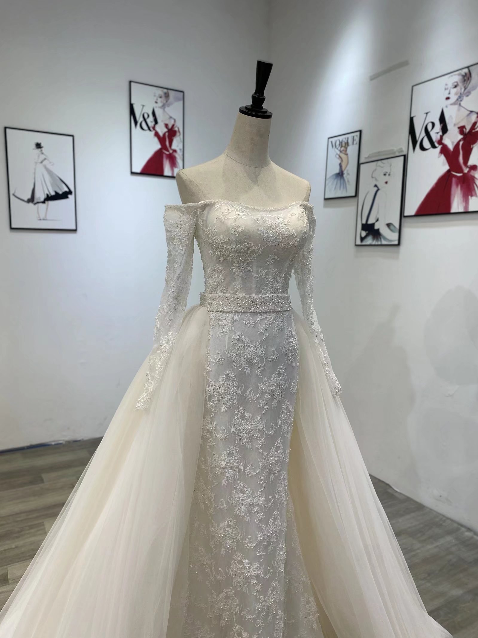 Bateau Elegant Mermaid Wedding Dresses Long Sleeves Off Shoulder Backless Strapless or Length Appliques Detachable Train Custom Made Vestidos De Novia