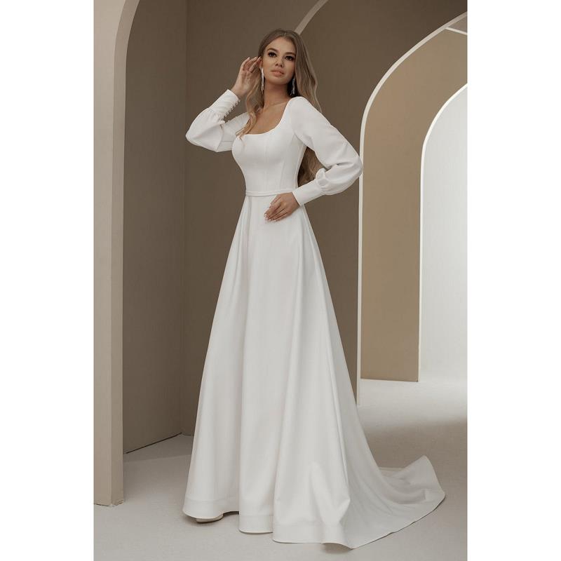 Ivory Satin Bridal Gown Long Sleeves Square Floor-Length A-Line Wedding Dresses 2022 Soft Satin Vestidos De Noiva