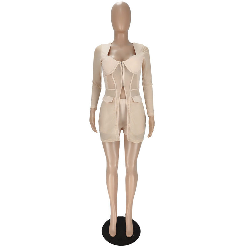 Summer Women Tracksuit Two Piece Set Sheer Mesh Shirt Coat Panty Solid Color See Through Party Night Cloths Outift 220526