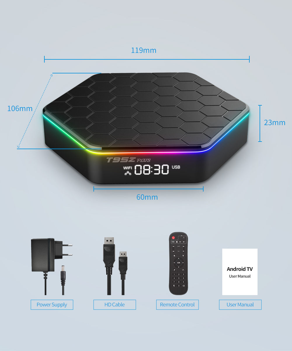 T95Z Plus Android 12 TV BOX RGB Light 8K Ultra HD 2.4G/5G Wifi6 4GB 32GB 64GB Allwinner H618 Quad Core BT5.0 HDR 10 Set-top Box
