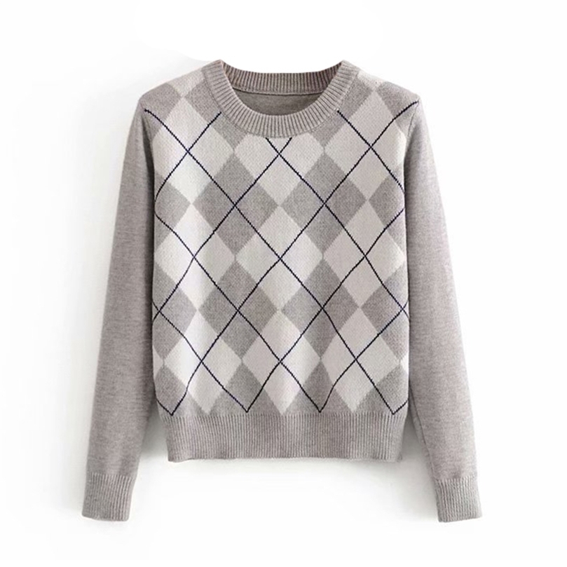 Women Pullover Sweater Retro Fall Winter Fashion Diamond Plaid Pullover Women Sweater Cute British Style Sweater Top 201223