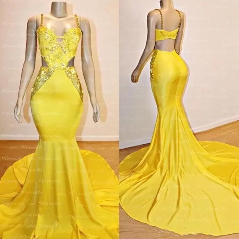 Yellow Spaghetti Straps Satin Mermaid Prom Lace Applique Beaded Long Formal Evening Gowns Graduation Party Dresses Bc3999 C0408
