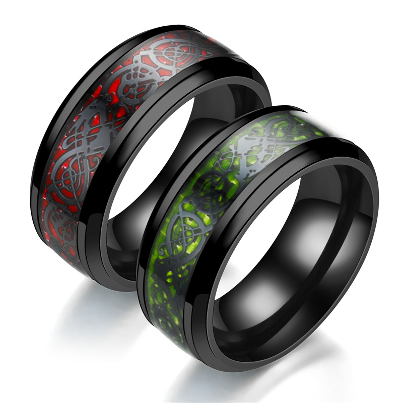 8mm Men's Stainless Steel Dragon Ring Inlay Red Green Black Carbon Fiber Ring Wedding Band Jewelry Size 6-13