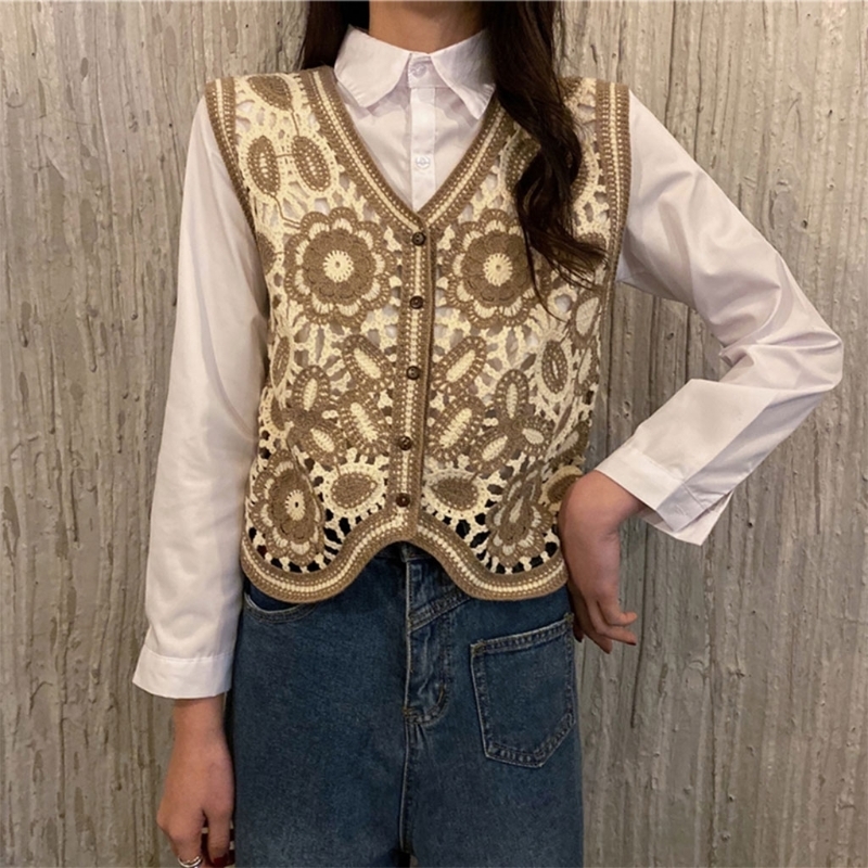 Women Vintage Hollow Out Crochet Crop Top Vest Embroidery Floral Sleeveless Jacket Cardigan Button Down Boho Hippie Casual 220325