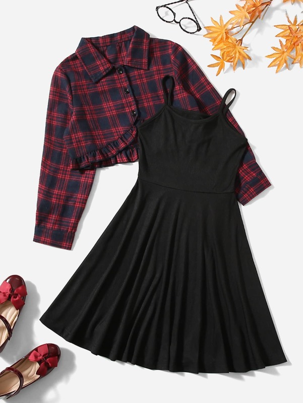 Girls Plaid Print Frill Hem Blouse & Cami Dress SHE