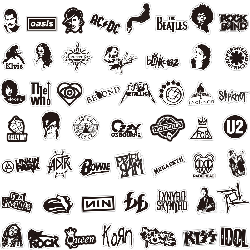 50Pcs/Lot Black and White Rock Band Stickers Waterproof Cool Pegatina Graffiti Kids Toy Skateboard Phone Laptop Luggage Sticker Decals
