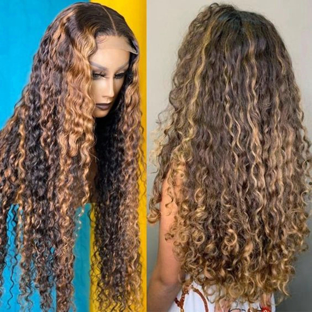 Highlight Curly Wave Lace Front Human Hair Wigs Ombre Brown Honey Blonde Color with Baby Hair for Black Women Brazilian Virgin 150%density