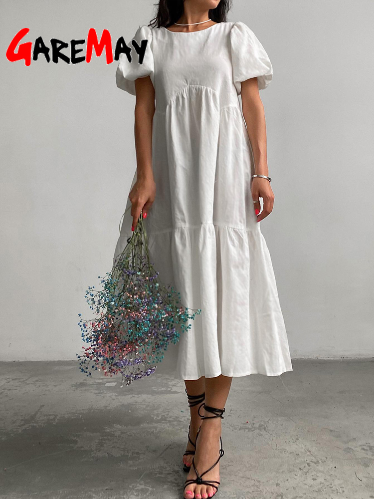 Casual Women Summer Maxi Dress 100% Cotton O Neck A-line Oversize Short Sleeve Midi Dress Puff Sleeve White Green Long Dress 220510