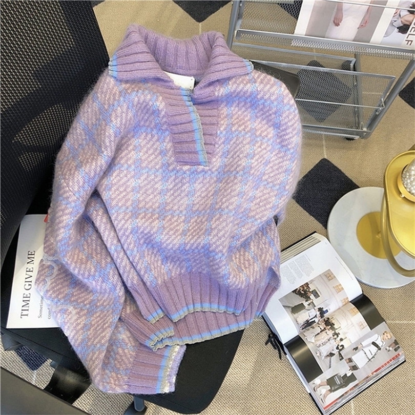 Autumn Winter Women Lapel Vintage Plaid Knitwear Jumper Irregular Clipping Long Sleeve Sweet Female Knitted Pullover Sweater 220817