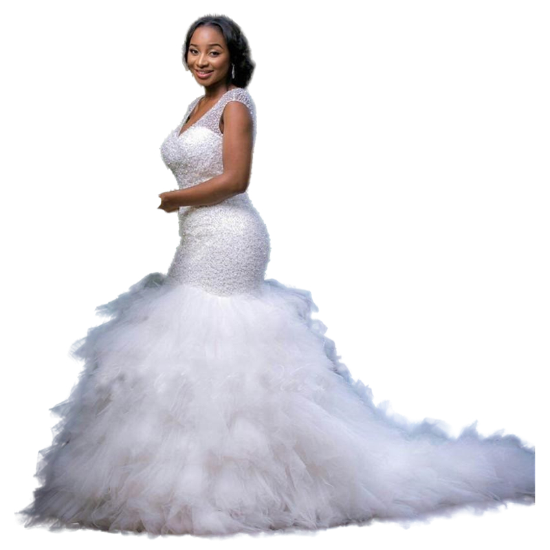 Glitter Beaded Mermaid Wedding Dress V-neck Tiered Skirt Long Tulle Bridal Gowns Ivory Sexy Backless African Plus Size Bride Wedding Dresses Custom Ma