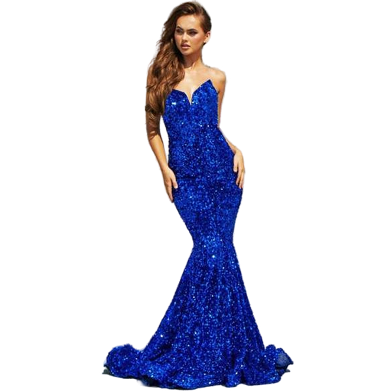 Sparkling Royal Blue Sequined Mermaid Evening Dresses Sweetheart Neck Sleeveless Long Women Formal Prom Party Gowns Sexy Sequin Trumpet Special Occasi