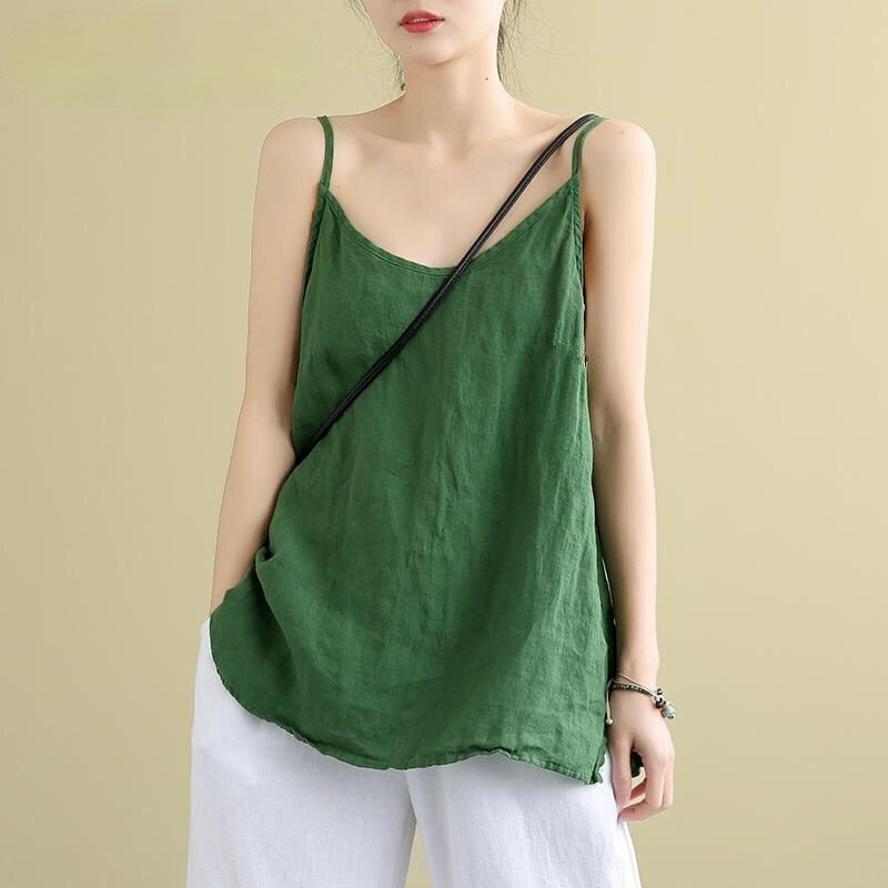 Women's Tops Spaghetti Strap Camis Cotton Linen V Neck Loose Tank Sleeveless Linens Casual Women Summer Camisole 220316