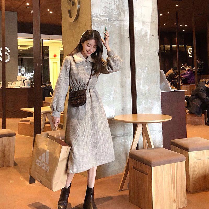 Casual Dresses Autumn Winter Large Size Womens Woolen Dress Fashion Buckle Retro Temperament Slim Femme Vestidos