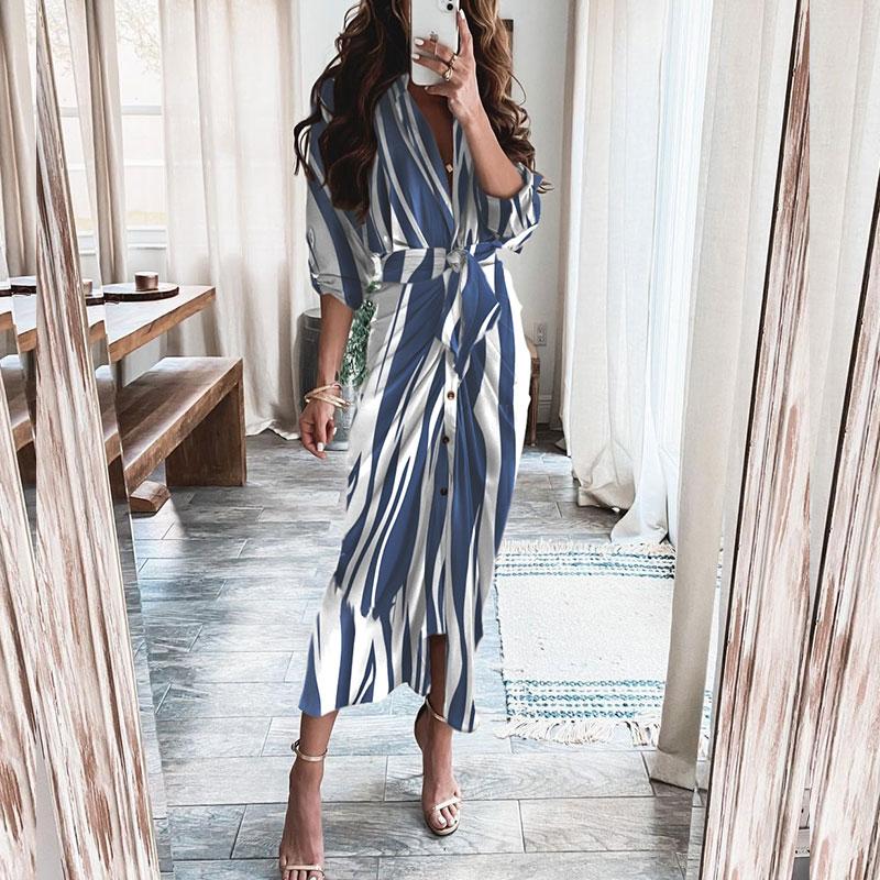 Casual Dresses 2022 Summer Women Fashion Long Sleeve V Neck Drawstring Maxi Dress Leaf Pattern Print Tied Detail Ruched Shirt