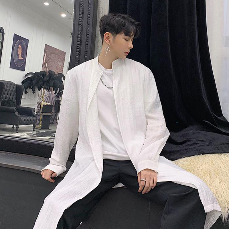 Men Stand Collar Long Sleeve Casual Shirt Male Streetwear Style Cardigan Black White Shirts 220322